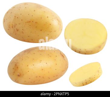 Isolierte Kartoffeln. Sammlung von ganzen und geschnittenen Kartoffeln, isoliert auf weiß, mit Schnittpfad Stockfoto