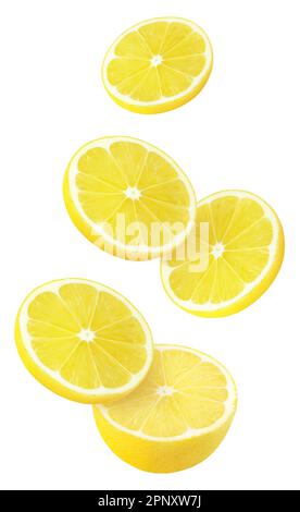 Isolierte fliegende Zitronen. Fallende Zitronenfrüchte isoliert auf weißem Hintergrund mit Schnittpfad Stockfoto
