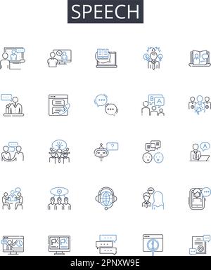 Symbolsammlung für Sprachzeilen. Lieferung, Oratory, Diskurs, Verbalisierung, Dialog, Ausdruck, Gesprächsvektor und lineare Illustration Stock Vektor