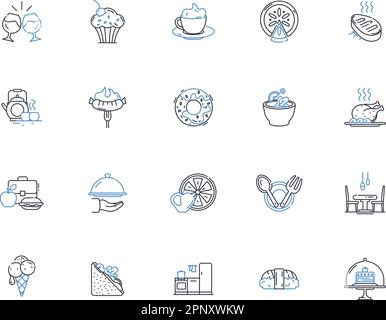 Icons-Kollektion für Hartlötlinien. Zartisieren, Karamellisieren, Simmerieren, Aromatik, Schneiden, Geschmacksarm, Sukkulent-Vektor und lineare Darstellung. Langsam Stock Vektor