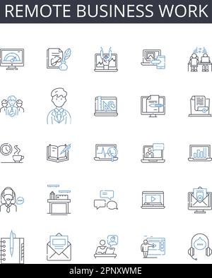 Symbolsammlung für Remote-Business-Arbeitsbereiche. Virtuelle Beschäftigung, Online-Freiberufler, Fernarbeit, Fernarbeit, Telearbeit, Mobiles Arbeiten Stock Vektor