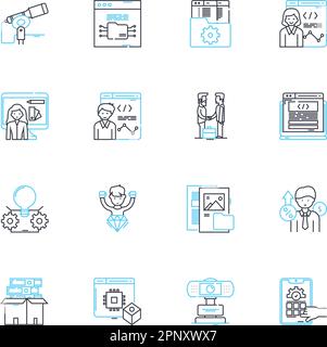 Lineare Symbole für Software-Engineering. Codierung, Algorithmen, Tests, Bereitstellung, Dokumentation, Refactoring, Architekturlinienvektor und Konzeptzeichen Stock Vektor