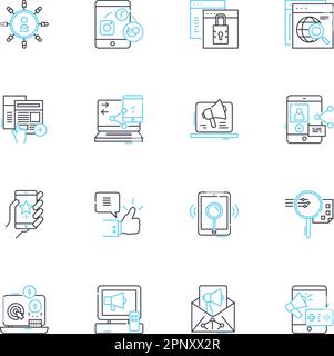 Lineare Symbole für digitale Werbung. SEO, PPC, soziale Medien, Display-Anzeigen, native Werbung, Neuausrichtung, Linienvektor und Konzeptschilder für Videoanzeigen Stock Vektor
