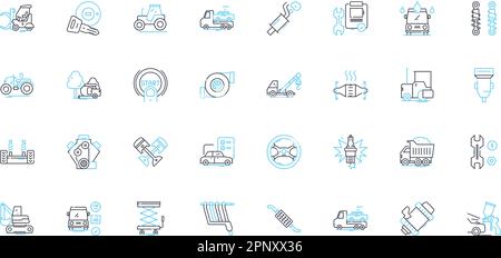Fahrzeugzubehör Linearsymbolsatz. Spoiler, Innenraum, Aufkleber, Dachgepäckträger, Bodenmatten, Schmutzfänger, Sitzbezüge, Linienvektor und Konzeptschilder. Anhängekupplung Stock Vektor