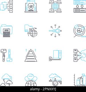 Lineare Symbole für Informationssicherheit festgelegt. Verschlüsselung, Firewall, Malware, Phishing, Passwörter, Cybersicherheit, Vektor für Schwachstellen und Konzeptschilder Stock Vektor
