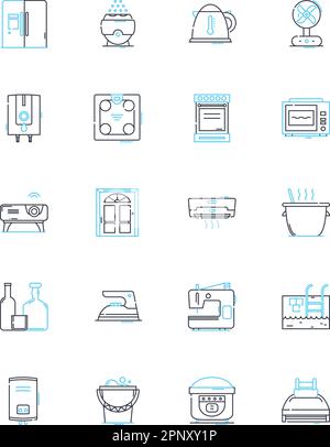 Lineare Symbole für Appliances festgelegt. Kühlschrank, Herd, Gefrierschrank, Mikrowelle, Spülmaschine, Blender, Toaster Linienvektor und Konzeptzeichen. Ofen, Kaffeemaschine Stock Vektor