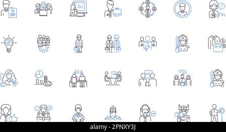Sammlung der Positionssymbole für Tätigkeiten. Manager, Koordinator, Supervisor, Analyst, Designer, Vektor für Entwickler, Vertriebsmitarbeiter und lineare Darstellung Stock Vektor