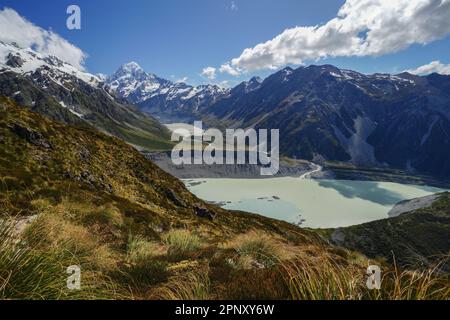 Wanderung im Mount Aoraki/Cook National Park in Neuseeland auf der Südinsel im Sommer. Berge und Gletscherlandschaft mit Gletschersee. Stockfoto