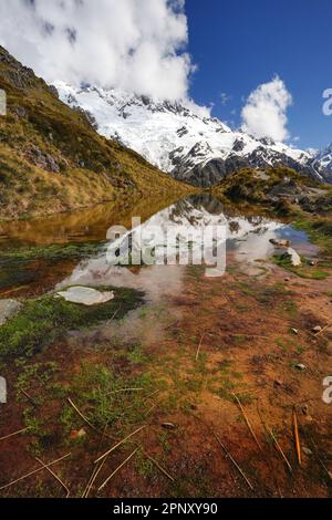 Wanderung im Mount Cook/Aoraki National Park in Neuseeland auf der Südinsel im Sommer. Ein schöner Picknick-Platz mit Mount Cook, der hoch oben aufragt. Stockfoto