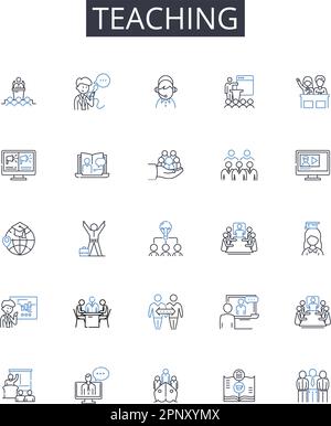 Symbolsammlung für Lehrlinien. Anweisen, Schulen, Tutoring, Coaching, Mentoring, Führung, Trainingsvektor und lineare Darstellung. Schulbildung Stock Vektor