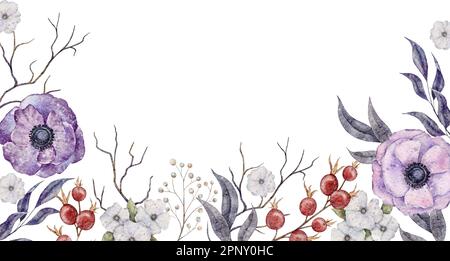 Aquarell-Vorlage. Horizontaler Rahmen, Banner mit Anemone, Zweig, Blättern, Beeren und kleinen weißen Blumen. Stockfoto