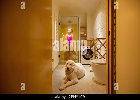 Hund mit einer Frau im Badezimmer Stockfoto