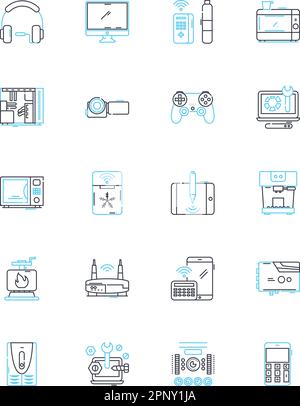 Technologietools Lineare Symbole gesetzt. Gadgets, Robotik, Nanotechnologie, Virtualisierung, Künstliche Intelligenz, Automatisierung, Augmented-Reality-Linie Stock Vektor