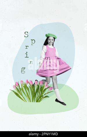 Vertikales Collage-Banner Bild ein junges, süßes kleines Mädchen trägt ein niedliches Kleid Baskenmütze hüpfende Tulpen Garten Rasen Feld Frühlingskonzept kommt Stockfoto