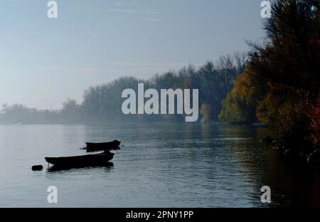 Kleine Fischerboote aus Holz, die im Morgennebel auf dem ruhigen Fluss vor Anker liegen. Ruhige, wunderschöne Landschaft im Herbst. Schönheit in der Natur. Herbstfarben. Stockfoto