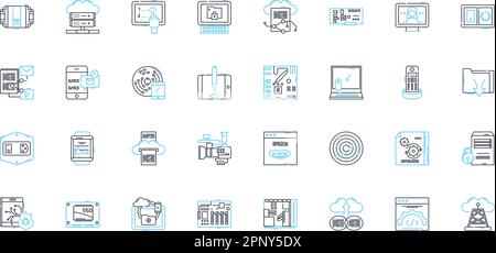 Lineare Gadget-Symbole festgelegt. Smartph, Tablet, Uhr, Earbuds, Laptop, Kamera, DR-Linienvektor und Konzeptzeichen. VR-Headset, Fitness-Tracker, Smart Home Stock Vektor