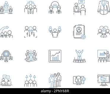 Ikonensammlung der Trade expo Line. Ausstellung, Showcase, Konferenz, Veranstaltungsort, Anbieter, Branchenvektor und lineare Illustration. Beweisstück, Booth Stock Vektor