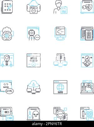 Satz linearer Symbole für intelligente Berechnung. Automatisierung, künstliche Intelligenz, Big Data, Cloud-Computing, Kryptografie, Cybersicherheit, Datenanalyse Stock Vektor