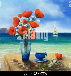 Original Ölgemälde aus wunderschöner Vase oder Schüssel mit frischen Blumen. Opiummohn (Papaver somniferum) und Gänseblümchen vor dem Meer auf Leinwand Stockfoto