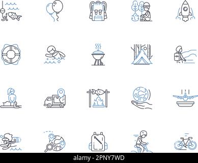 Kollektion mit Symbolen für unterwegs. Reisen, Ruhe, Reise, Erkundungen, Gastfreundschaft, Adventure, Discover Vector und lineare Darstellung. Passage,Migration Stock Vektor