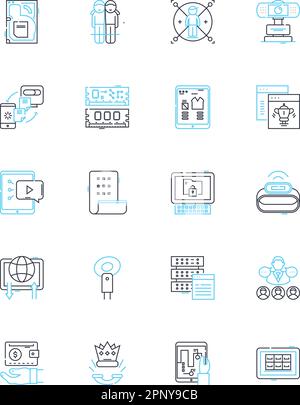Anzeigetaktik lineare Symbole gesetzt. Überzeugungskraft, Attraktivität, Aufmerksamkeit, Einfluss, Beförderung, Marketing, Branding-Linien-Vektor und Konzeptschilder Stock Vektor