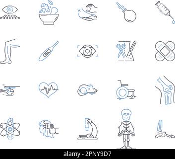 Zeilensymbole für die Intensivmedizin. Intubation, Beatmung, Hämodynamik, Vasopressoren, Hypoxie, Reanimation, Triage-Vektor und lineare Darstellung Stock Vektor