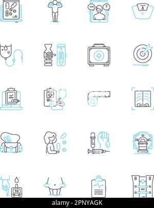 Lineare Symbole für den medizinischen Dienst eingestellt. Diagnose, Behandlung, Chirurgie, Rehabilitation, Prävention, Medizin, Gesundheitslinienvektor und Konzeptzeichen. Wellness Stock Vektor