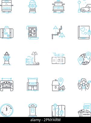 Lineare Symbole für Stadtplan festgelegt. Nachhaltigkeit, Entwicklung, Dichte, Infrastruktur, Zoning, Umweltzeichen, Verkehrslinienvektor und Konzeptschilder Stock Vektor