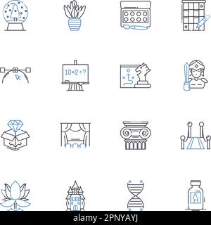 Symbolsammlung für Explorationslinien. Entdecken, Expedition, Abenteuer, Untersuchung, Wandern, Reise, Exkursionsvektor und lineare Illustration Stock Vektor