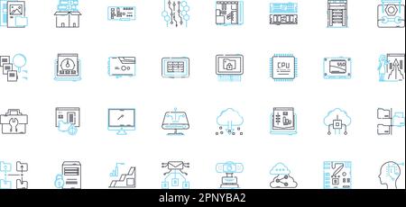 Lineare Symbole für Elektroniktechnologie. Schaltkreise, Halbleiter, Compnts, Mikrocontroller, Transistoren, Dioden, LEDs Linienvektor und Konzeptzeichen Stock Vektor