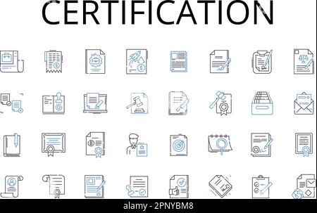 Symbolsammlung für Zertifizierungslinien. Genehmigung, Akkreditierung, Authentifizierung, Autorisierung, Bestätigung, Bestätigung, Erkennungsvektor und linear Stock Vektor