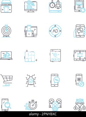 Lineare Symbole für Social-Media-Werbung. Werbeaktionen, Kampagnen, Sponsoring, Werbeaktionen, Social Media, Branding, Vektor der Marketinglinie und Konzeptschilder Stock Vektor