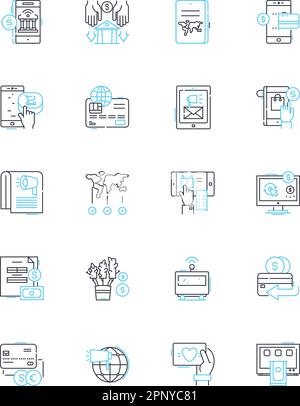Lineare Symbolgruppe für virtuelle Besprechungen. Zusammenarbeit, Videokonferenzen, Webinar, Remote, Verbindung, Kommunikation, Produktionslinienvektor und Konzept Stock Vektor