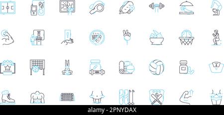 Lineare Symbole für Powerlifting eingestellt. Festigkeit, Stange, Kniebeuge, Werkbank, Deadlift, Lifting, Wettbewerb Linienvektor und Konzeptschilder. Datensätze, Schulung Stock Vektor
