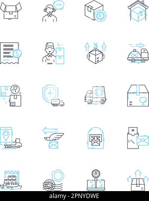 Lineare Symbole für Social-Media-Werbung. Bewusstsein, Engagement, Conversion, Reichweite, Zielgruppenansprache, Beeinflussung, Amplifikationslinienvektor und Konzeptzeichen Stock Vektor