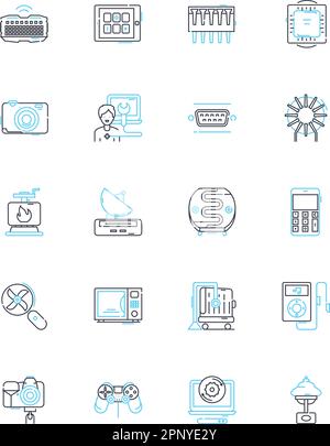 Lineare Symbole für digitale Geräte festgelegt. Smartph, Tablet, Laptop, Desktop, Kamera, Drucker, Scanner-Linienvektor und Konzeptschilder. Gaming, Kopfzeichen, Lautsprecher Stock Vektor