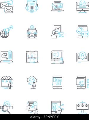 Lineare Symbole für Marketingtaktiken. Branding, Werbung, Werbeaktionen, Vertrieb, Targeting, Linienvektor für Strategie, soziale Medien und Konzeptzeichen. Inhalt Stock Vektor