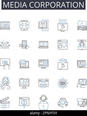 Symbolsammlung für Medienunternehmen. Presseabteilung, Nachrichtenagentur, Broadcast Nerk, Verlag, Kommunikationskonzern, Zeitschriftenverlag Stock Vektor