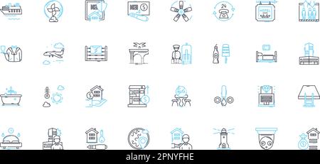 Lineare Symbole für die Unterkunftsbranche. Unterkunft, Gastfreundschaft, Tourismus, Unterkunft, Reisen, Vektor- und Konzeptschilder der Hotel-, Motel-Linie. Resort, Jugendherberge Stock Vektor