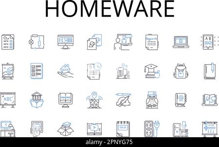 Haushaltswaren Line Icons Kollektion. Kochgeschirr, Geschirr, Gläser, Besteck, Bettwäsche, Beleuchtung, Möbelvektor und lineare Darstellung. Besteck Stock Vektor