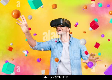 Collage Portrait von lustigen, aufgeregten Männerhänden Fliegen Fliegende bunte Elemente vr Brillenprojektion isoliert auf kreativem Hintergrund Stockfoto