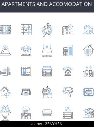 Ikonensammlung für Apartments und Unterkünfte. Skyline und Horizont, Unterkunft und Haus, Gebäude und Struktur, Immobilien und Anwesen, Wohnsitz und Stock Vektor