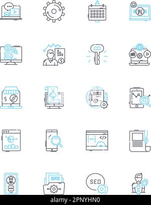 Lineares Symbolset für Produktmarketing. Branding, Werbung, Werbung, Verpackung, Positionierung, Segmentierung, Ausrichtung von Linienvektoren und Konzeptzeichen Stock Vektor