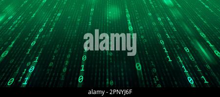 Hintergrund für binären Code, eine Folge von Null und einer Zahl auf grünem Hintergrund. Nummern der Computermatrix. Das Konzept der Codierung und Cybersicherheit Stockfoto