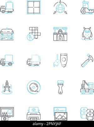 Ländliches Wachstum – lineare Symbole gesetzt. Landwirtschaft, Homesteading, Nachhaltigkeit, Entwicklung, Landwirtschaft, Rinder, Viehleinenvektor und Konzeptschilder. Ländlich Stock Vektor