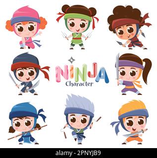 Vektordarstellung des Zeichensatzes Cartoon Cute Ninja. Kinderkostüm-Ninja Stock Vektor