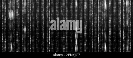 Hintergrund für binären Code, eine Folge von Null und einer weißen Zahl auf schwarzem Hintergrund. Nummern der Computermatrix. Das Konzept von Kodierung und Zybe Stockfoto