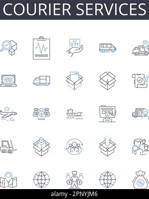 Symbolsammlung für Kurierdienste. Mut, Durchhaltevermögen, Beharrlichkeit, Ausdauer, Stärke, Kraft, Mut und lineare Darstellung Stock Vektor