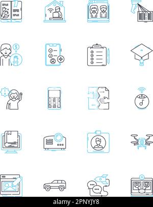 Lineare Druckersymbole eingestellt. Tinte, Tr, Laser, Patrone, Drucken, Scannen, Kopieren von Linienvektoren und Konzeptzeichen. Gedruckte, kabellose und Bluetooth-Übersichtsabbildungen Stock Vektor