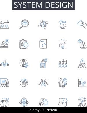 Symbolsammlung für Systemdesign-Linien. Strategische Planung, Budgetkontrolle, Marketingforschung, Datenanalyse, Finanzmanagement, Projektmanagement Stock Vektor
